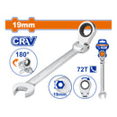 Llave Combinada con Ratchet Flexible 19mm Giro 180º 72 dientes. Cromada. Tratamiento Térmico.