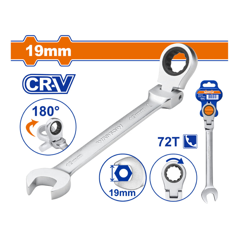 Llave Combinada con Ratchet Flexible 19mm Giro 180º 72 dientes. Cromada. Tratamiento Térmico.