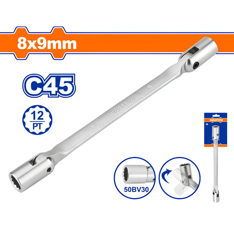 Llave doble flexible de 12 puntos. Giratoria. Tamaño socket:8mm y 9mm. Long: 180mm. C45.