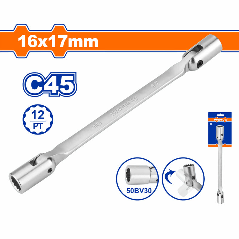 Llave doble flexible de 12 puntos. Giratoria. Tamaño socket:16mm y 17mm. Long:255mm. C45.