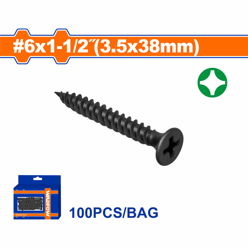 Tornillos para Gypsum (Yeso) 6x1-1/2". Rosca fina. Cabeza de trompeta. Fosfatizado. Phillips. 100 pzas.