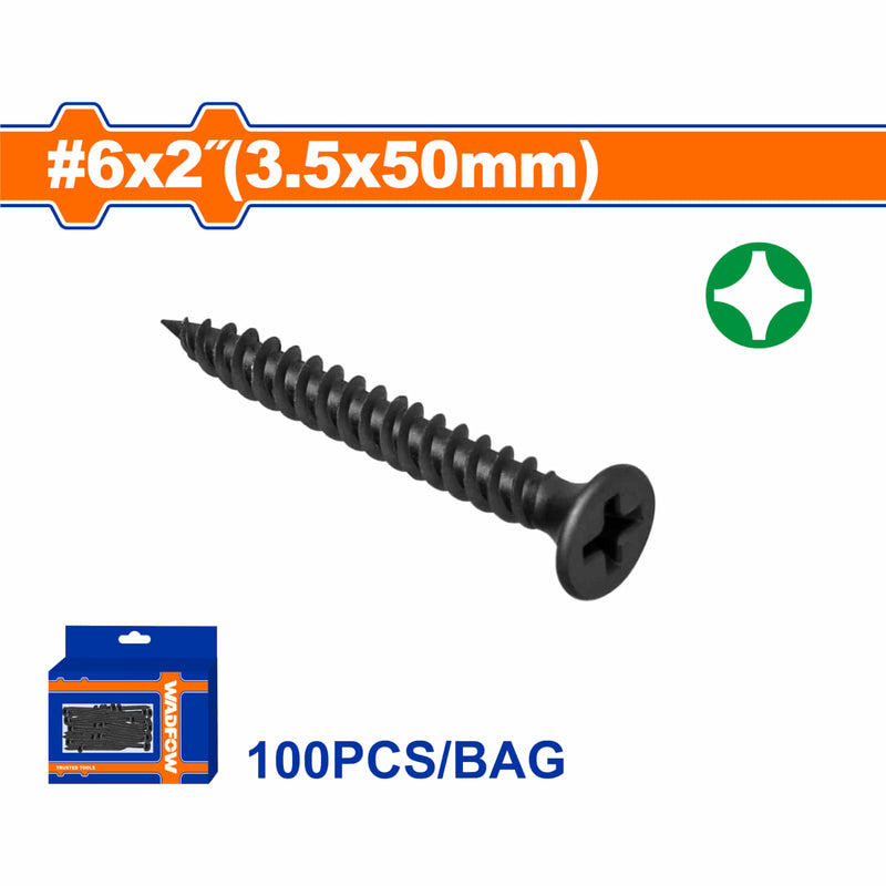 Tornillos para Gypsum (Yeso) 6x2". Rosca fina. Cabeza de trompeta. Fosfatizado. Phillips. 100 pzas.