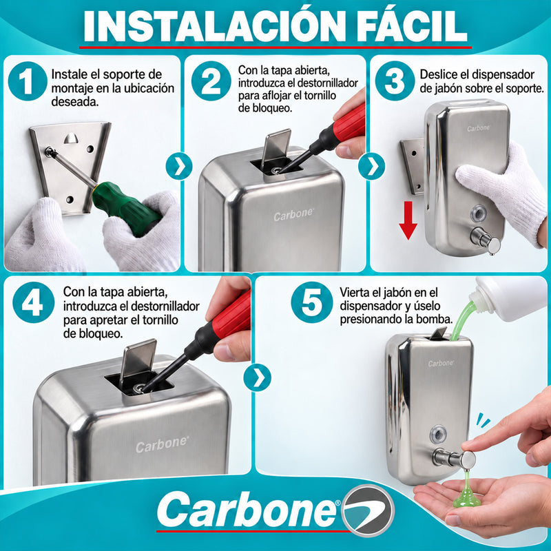 Dispensador De Jabón Líquido 1200ml de Acero Inoxidable 304 Satinado. Dosificador Manual Para Pared.