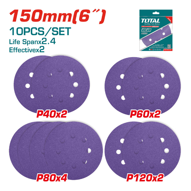 Juego de 10 Discos de Lija para Lijadora de 6" 150mm. P40x2 P60x2 P80x4 P120x2.