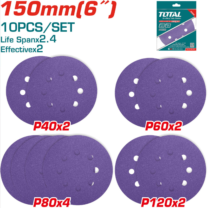 Juego de 10 Discos de Lija para Lijadora de 6" 150mm. P40x2 P60x2 P80x4 P120x2.