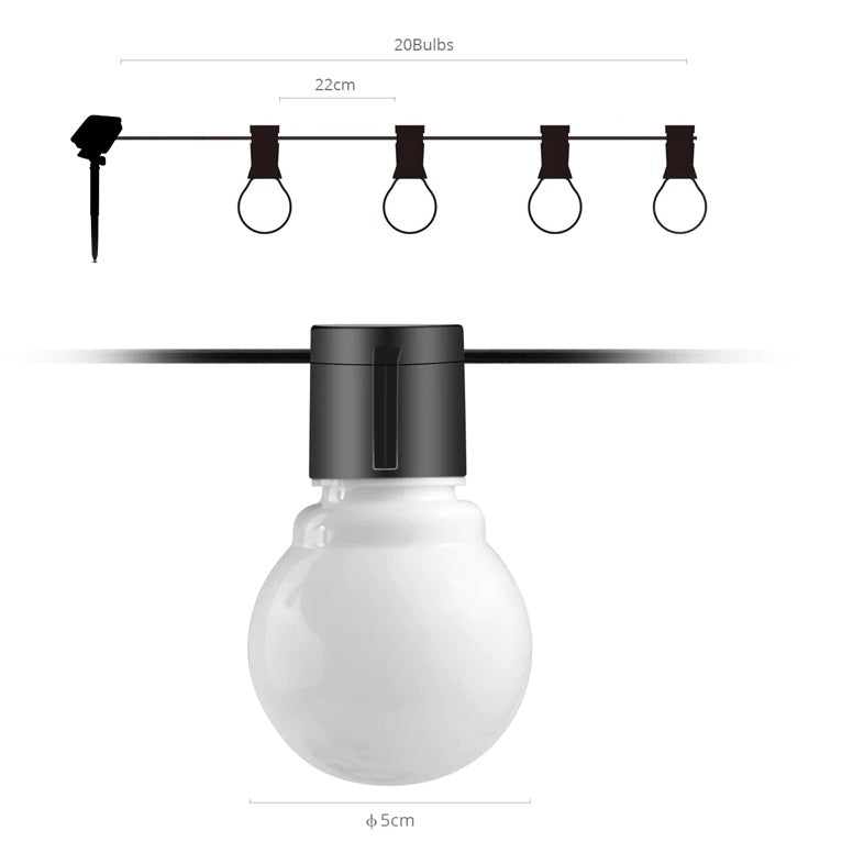 Guirnalda de Luz decorativa, carga panel solar. 5 Mts 20 Bombillos.