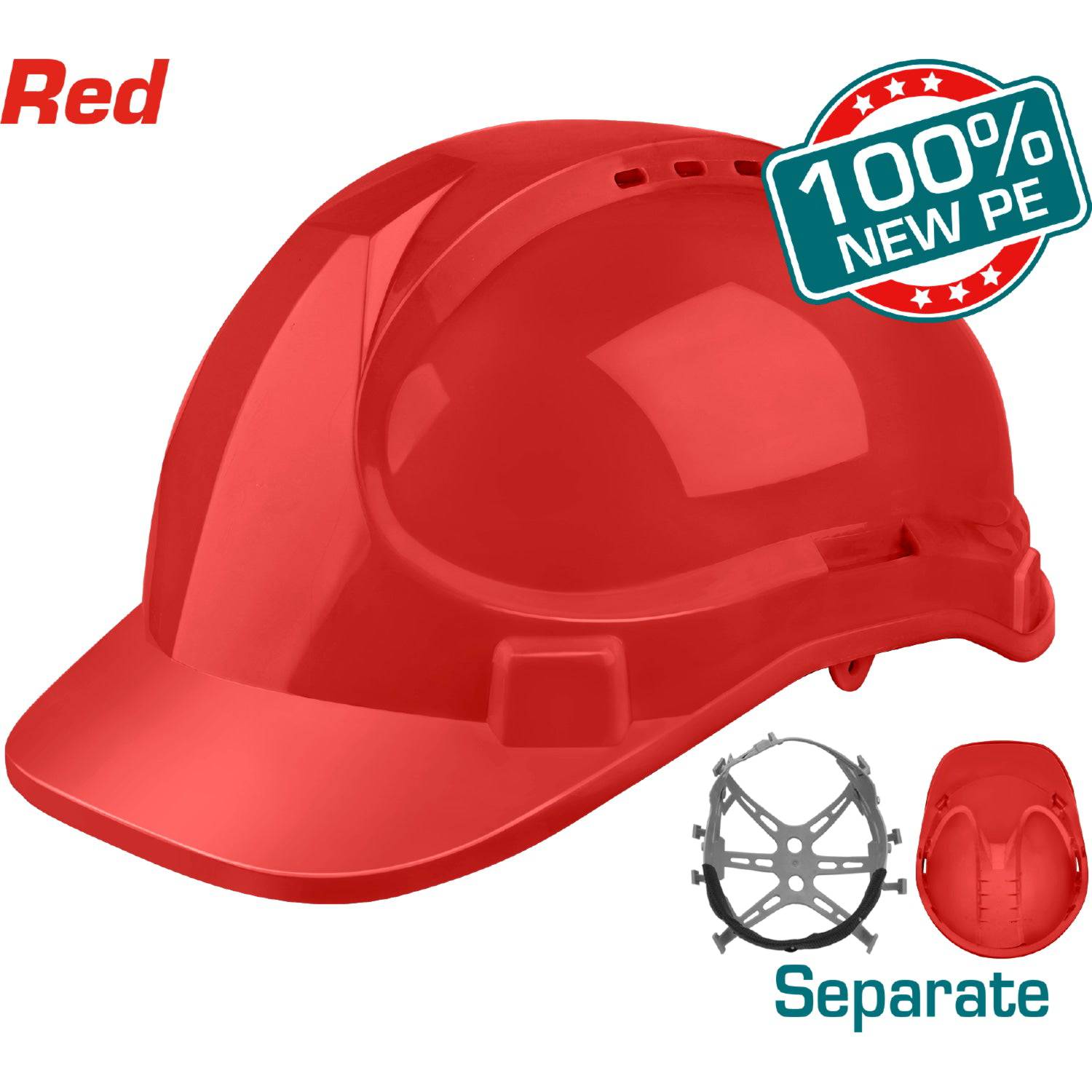 Casco De Seguridad Color Rojo. 8 Puntos De Suspension. Ajustable. Carcasa De PE Con Respiraderos.