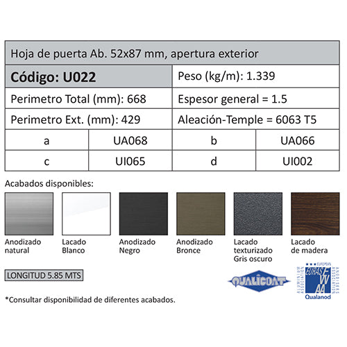 Hoja Puerta Abatible 52x87 mm Apertura Exterior. Espesor 1.5 mm. Largo 5.85 mts. Acabado Lacado Gris