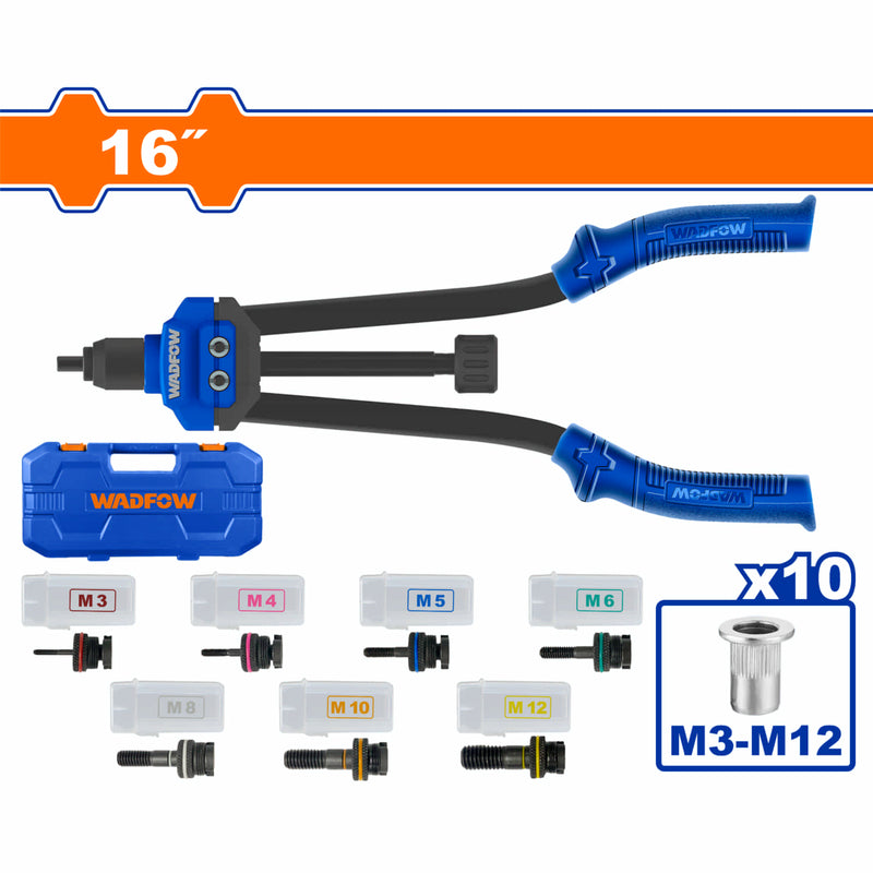 Remachadora de tuercas de 16" con mandriles y tuercas. Se vende en Kit. Remaches roscados