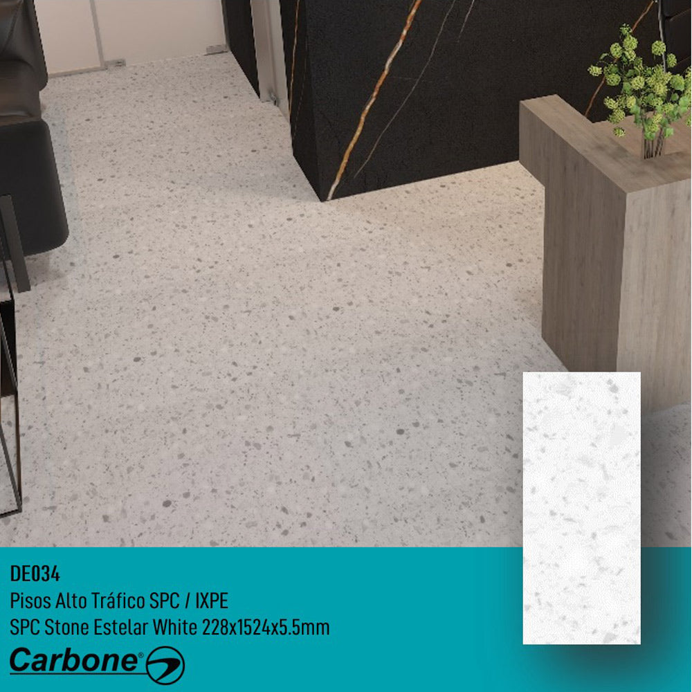 Piso SPC Stellar white 1524 x 228 x 5.5 mm con IXPE 6 pc. pack 2.1 m2