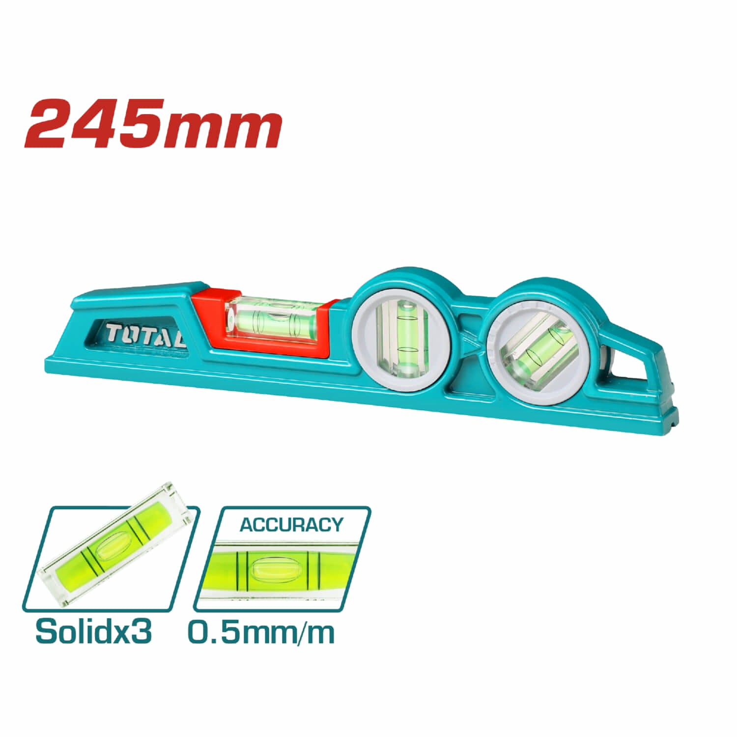 Nivel de Burbuja de Superficie Plana 24.5 cm. Aluminio de alta calidad.