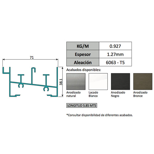 Marco Inferior Ventana VC mosquitero. Espesor 1.27 mm Largo 5.85 mts. Acabado Anod Negro VC122
