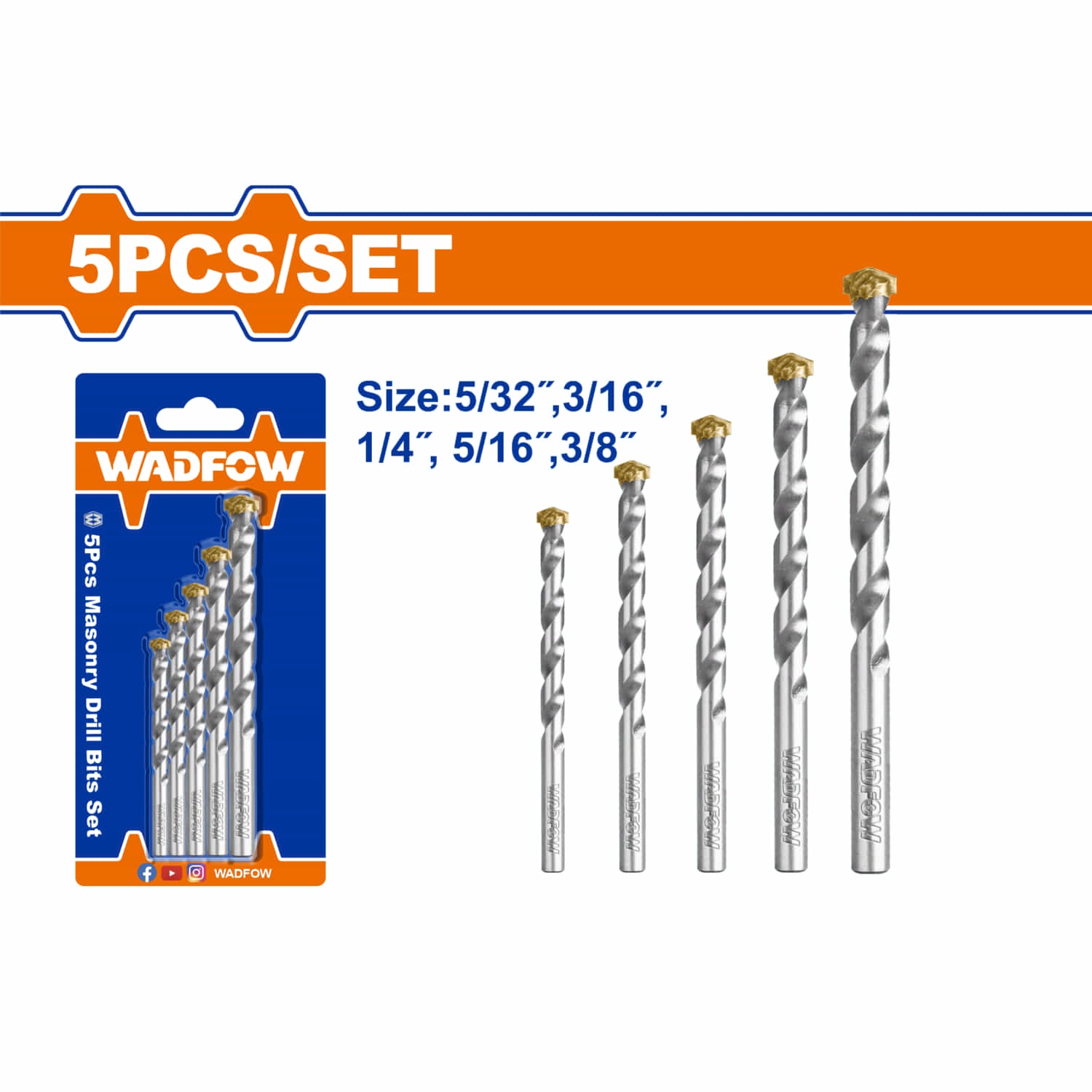 Brocas para Concreto. Tamaños: 5/32", 3/16", 1/4", 5/16", 3/8". Se vende en Juego.