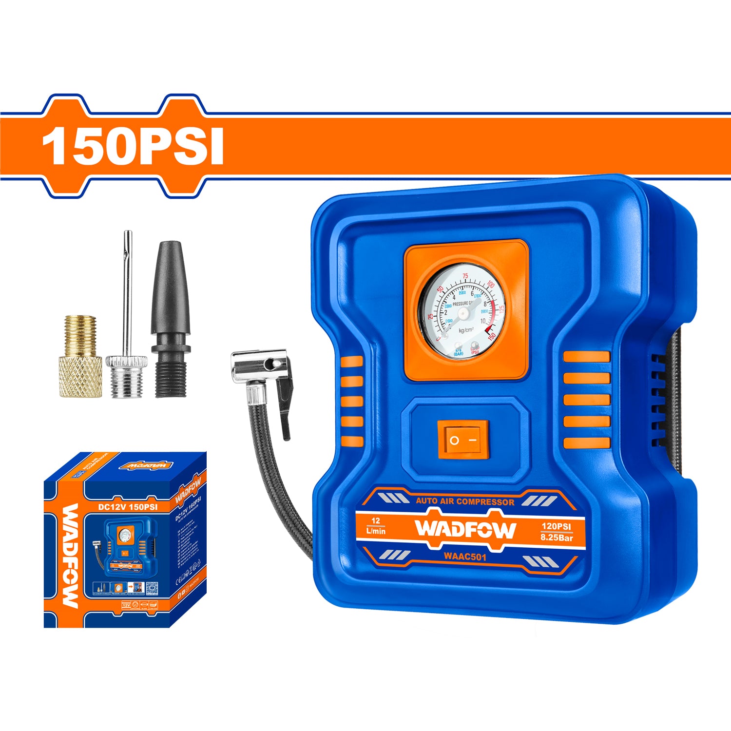Compresor de aire automático 12V 150PSI. Flujo de aire: 9L. Incluye: Adaptadores variados