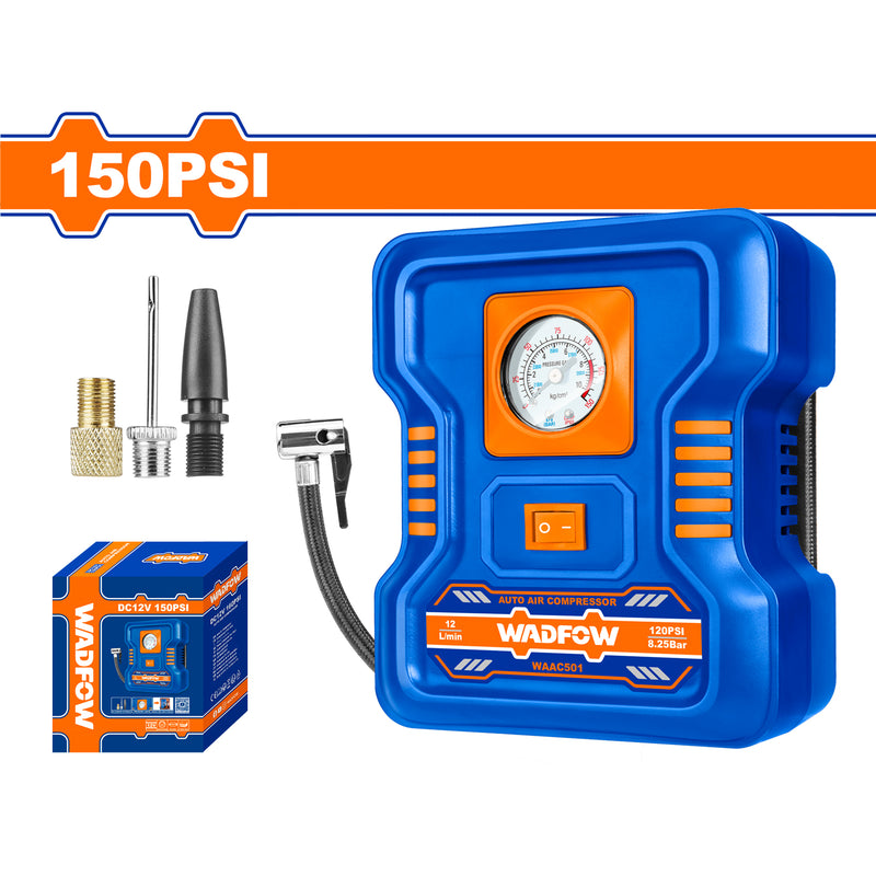 Compresor de aire automático 12V 150PSI. Flujo de aire: 9L. Incluye: Adaptadores variados
