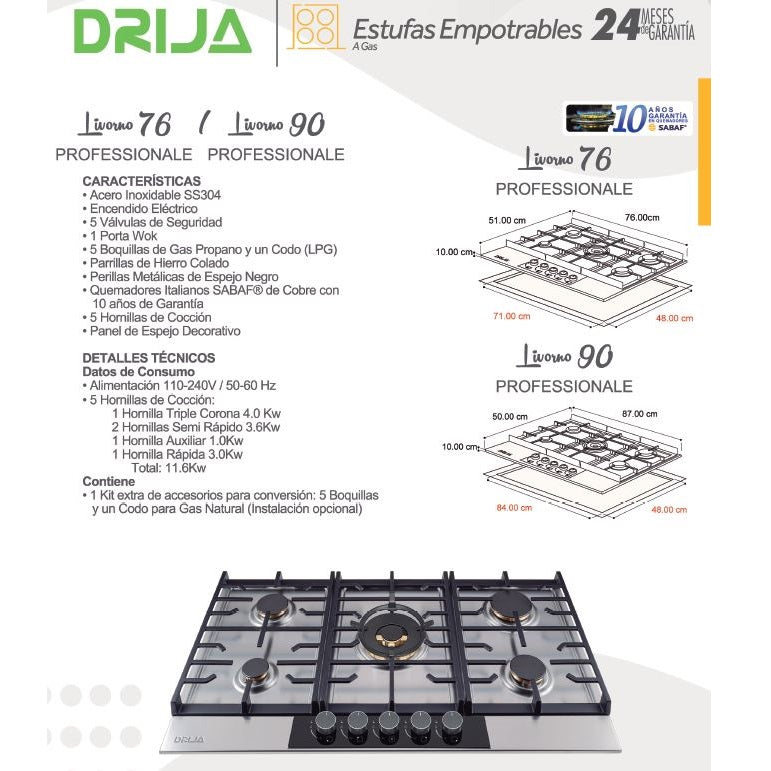 Estufa empotrable a gas Livorno 76 Professionale Vitrocerámica. Color Inox.