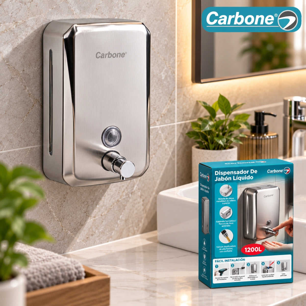 Dispensador De Jabón Líquido 1200ml de Acero Inoxidable 304 Satinado. Dosificador Manual Para Pared.