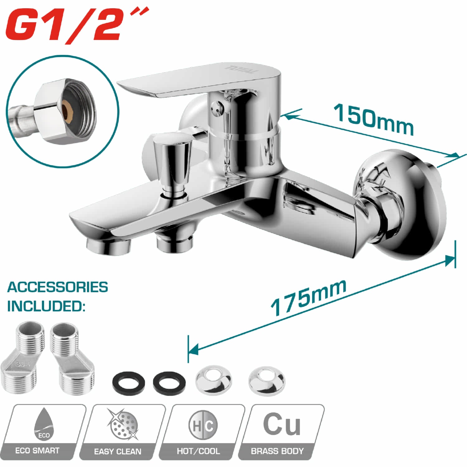 Llave grifo de Ducha Bañera con mezclador de 1 mando. Tamaño: 178 x 175 x 103 mm.
