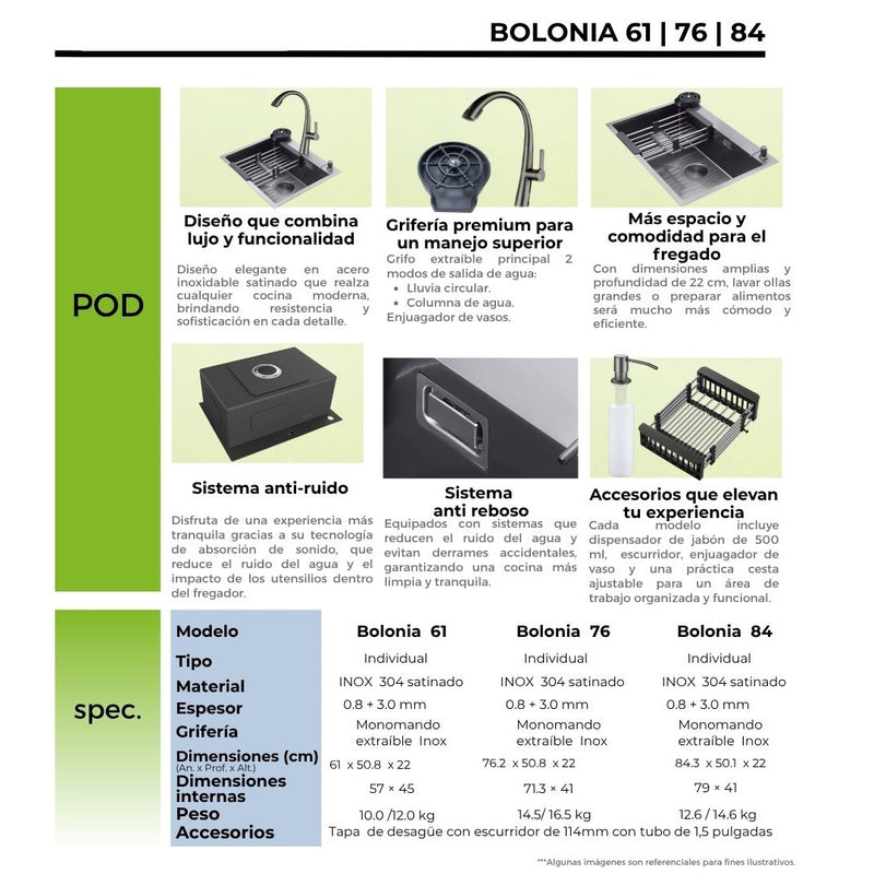 Fregador de acero inoxidable 762x508x220 mm. Bolonia 76