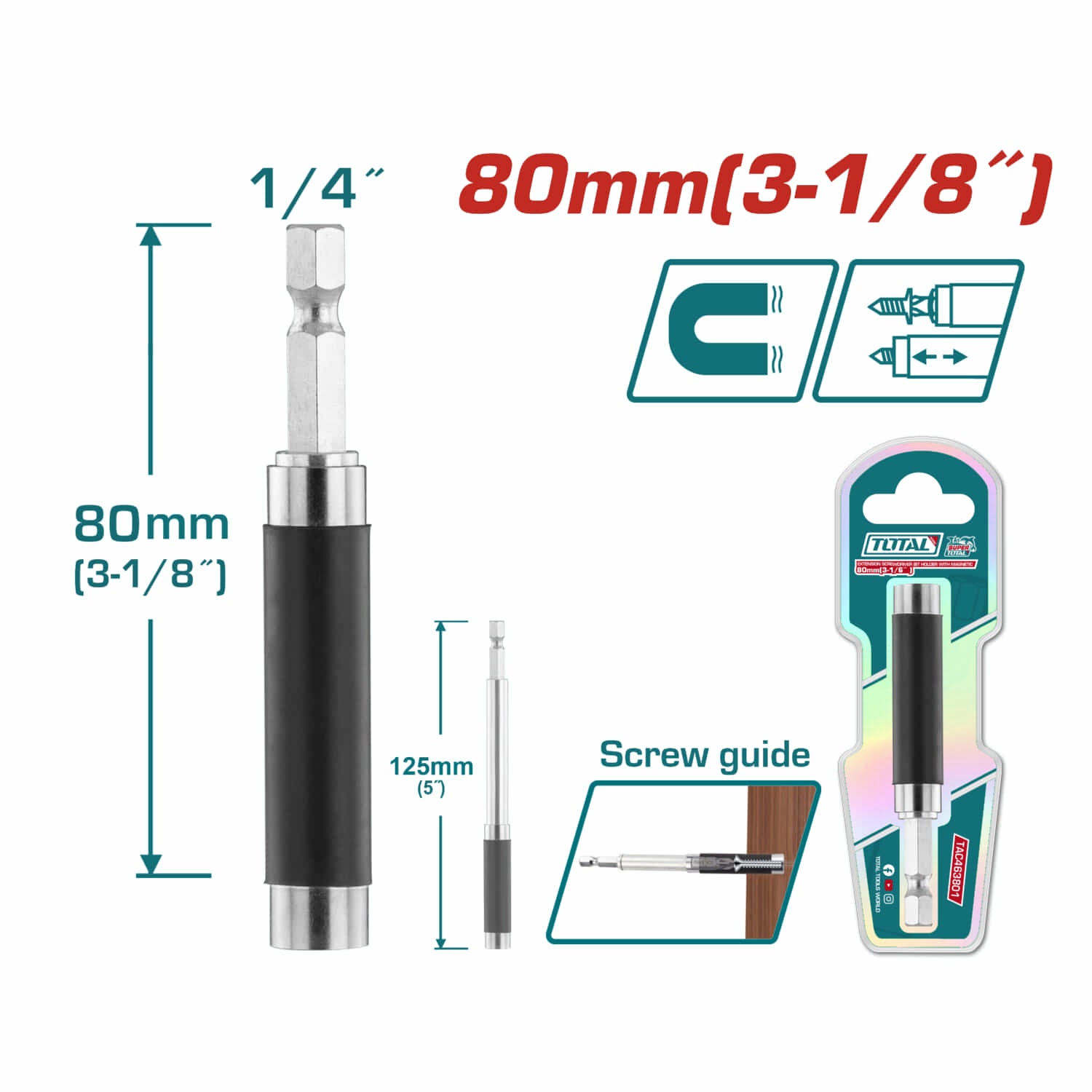 Porta Punta Magnético para Destornillador Extensión de 80 mm. Soporte adicional de 45 mm.