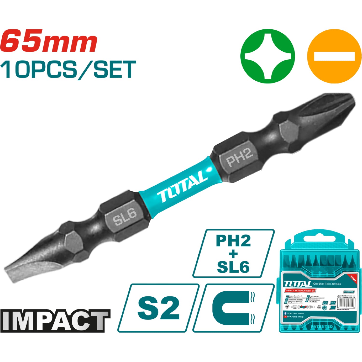 Juego de puntas magnéticas de impacto, PH2+SL6.0*1.0 de 65mm, Acero S2, Negro. (10pzas).