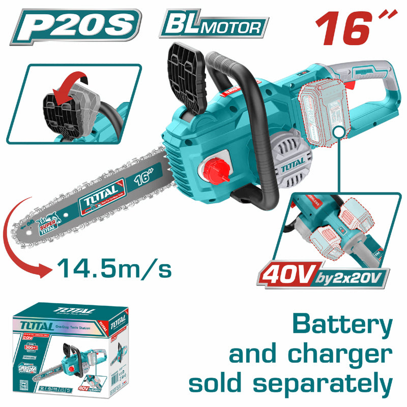 Motosierra de 16" 40V Motor sin escobillas. Usa 2 baterias 20V Batería y cargador por separado.