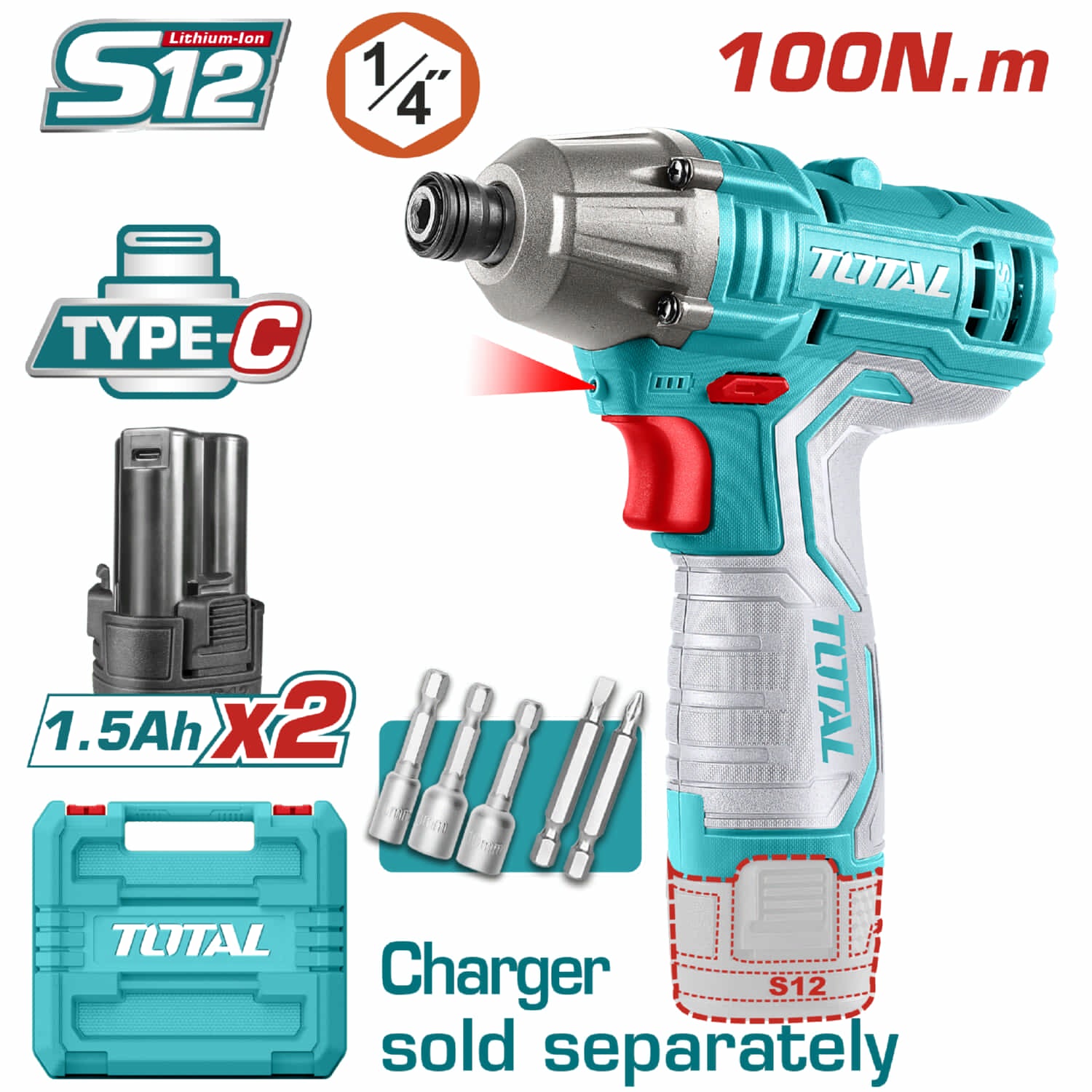 Llave de drill Impacto Inalámbrico HEXAGONAL 12V 1/4" 100Nm 2000rpm 2800bpm. No incluye cargador.