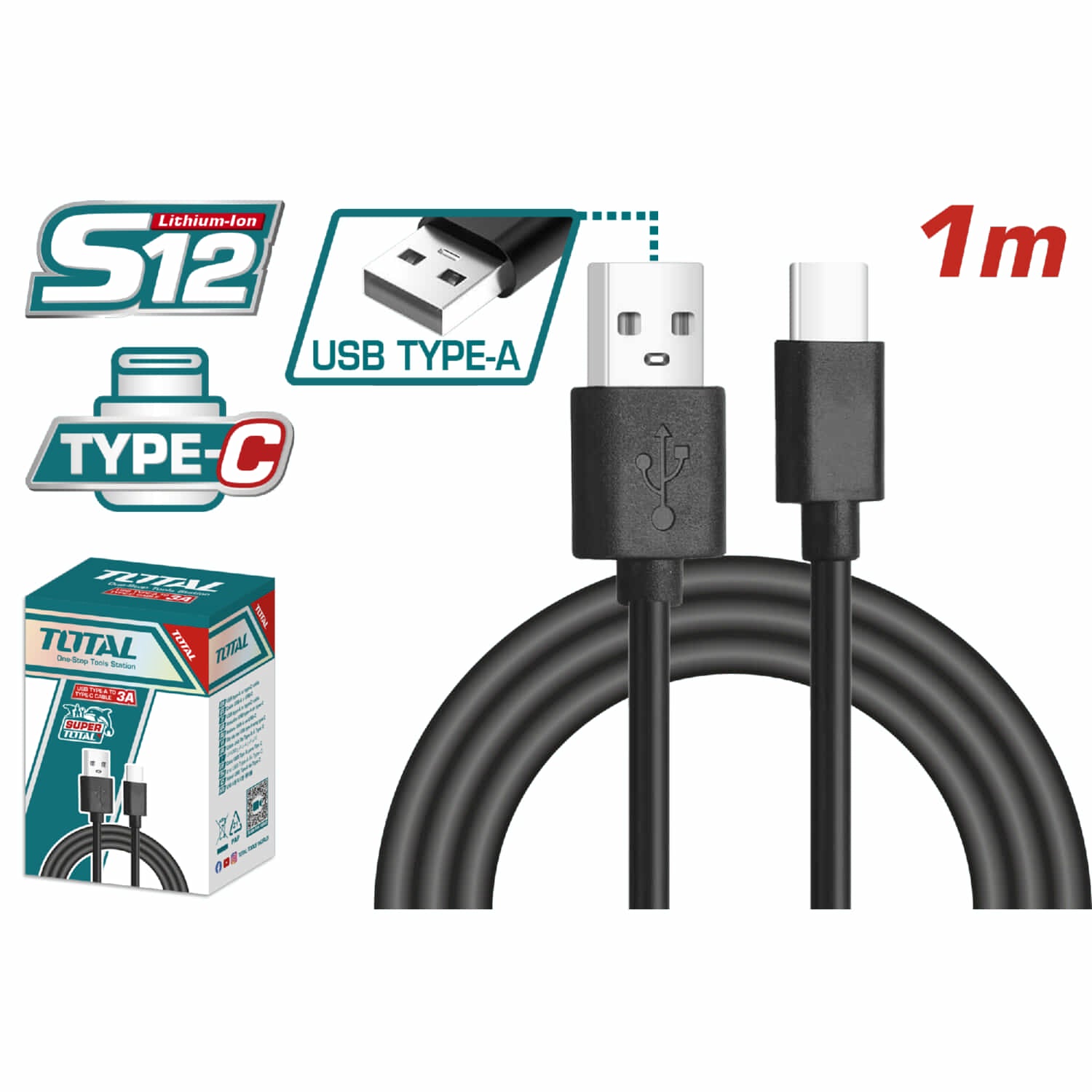Cable USB tipo A a tipo C Longitud. 1m. Ideal para dispositivos. TOTAL