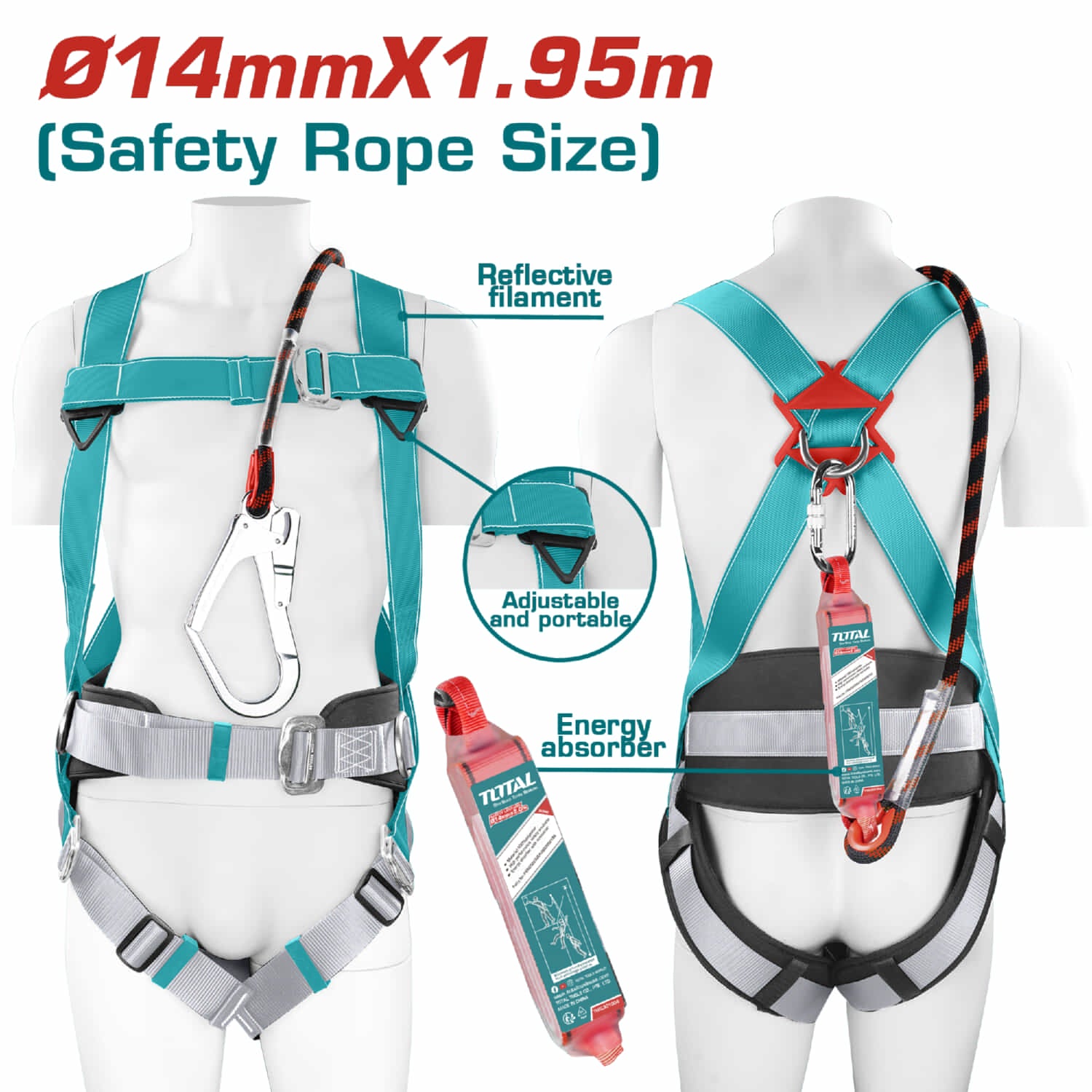 Arnés de Seguridad con 3 punto de fijación y 4 puntos de ajuste. 14mmx1.95m Poliéster.Anticaídas