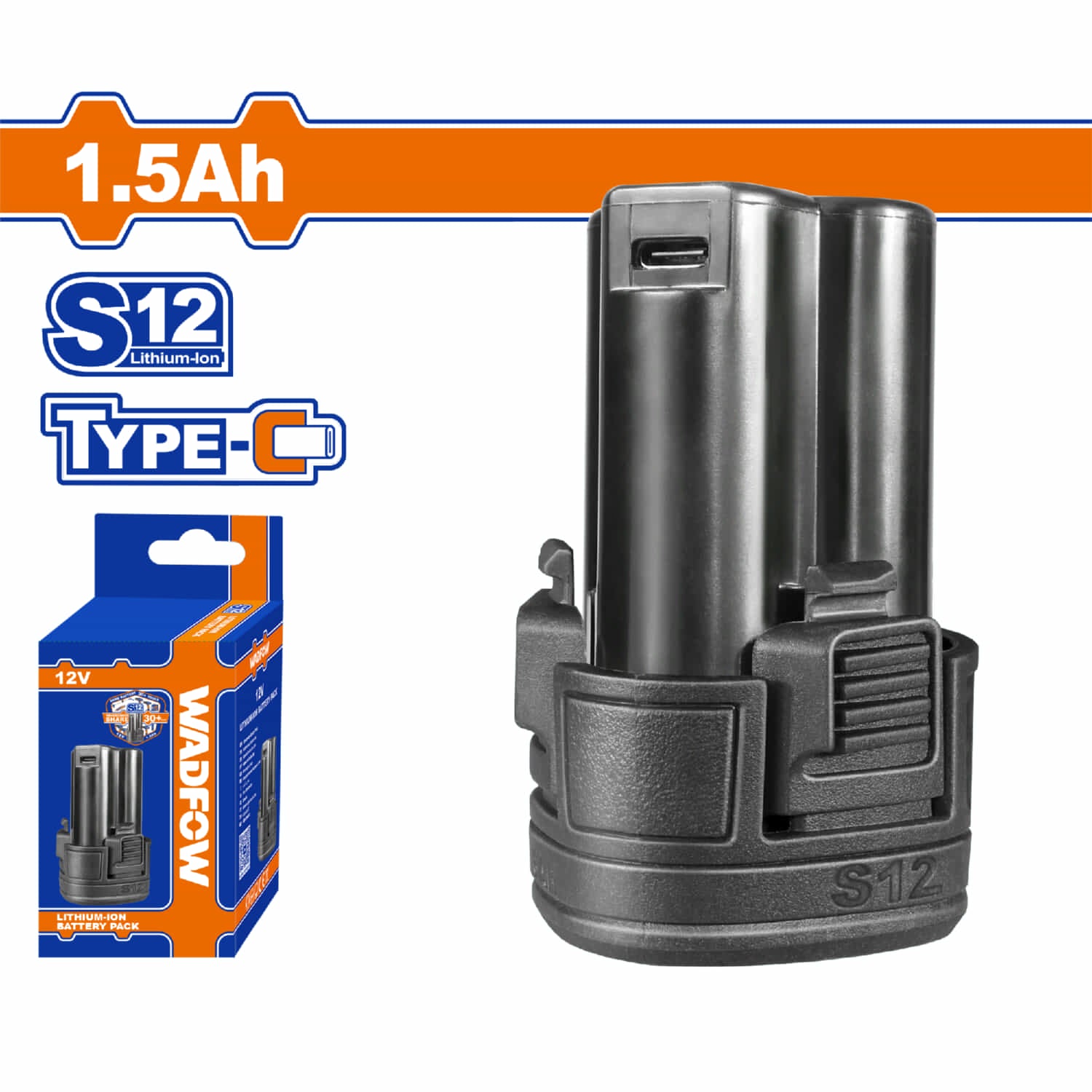 Batería 12V Wadfow Litio 1.5Ah. Puerto de carga: USB-C Compatible con herramientas S12.