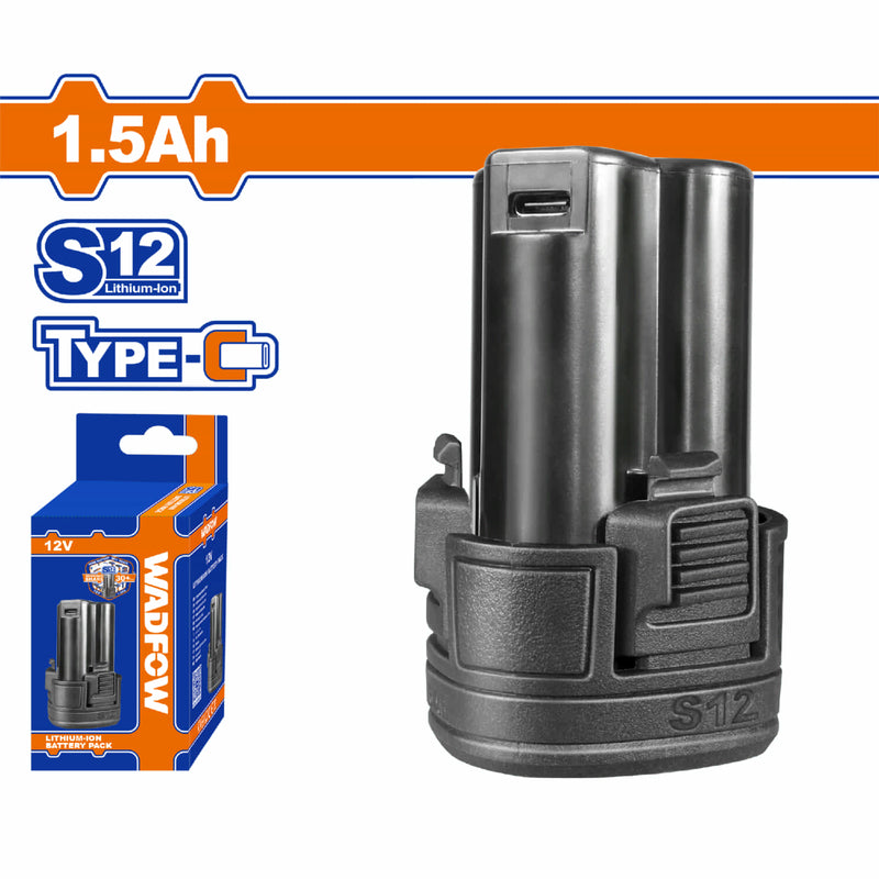 Batería 12V Wadfow Litio 1.5Ah. Puerto de carga: USB-C Compatible con herramientas S12.