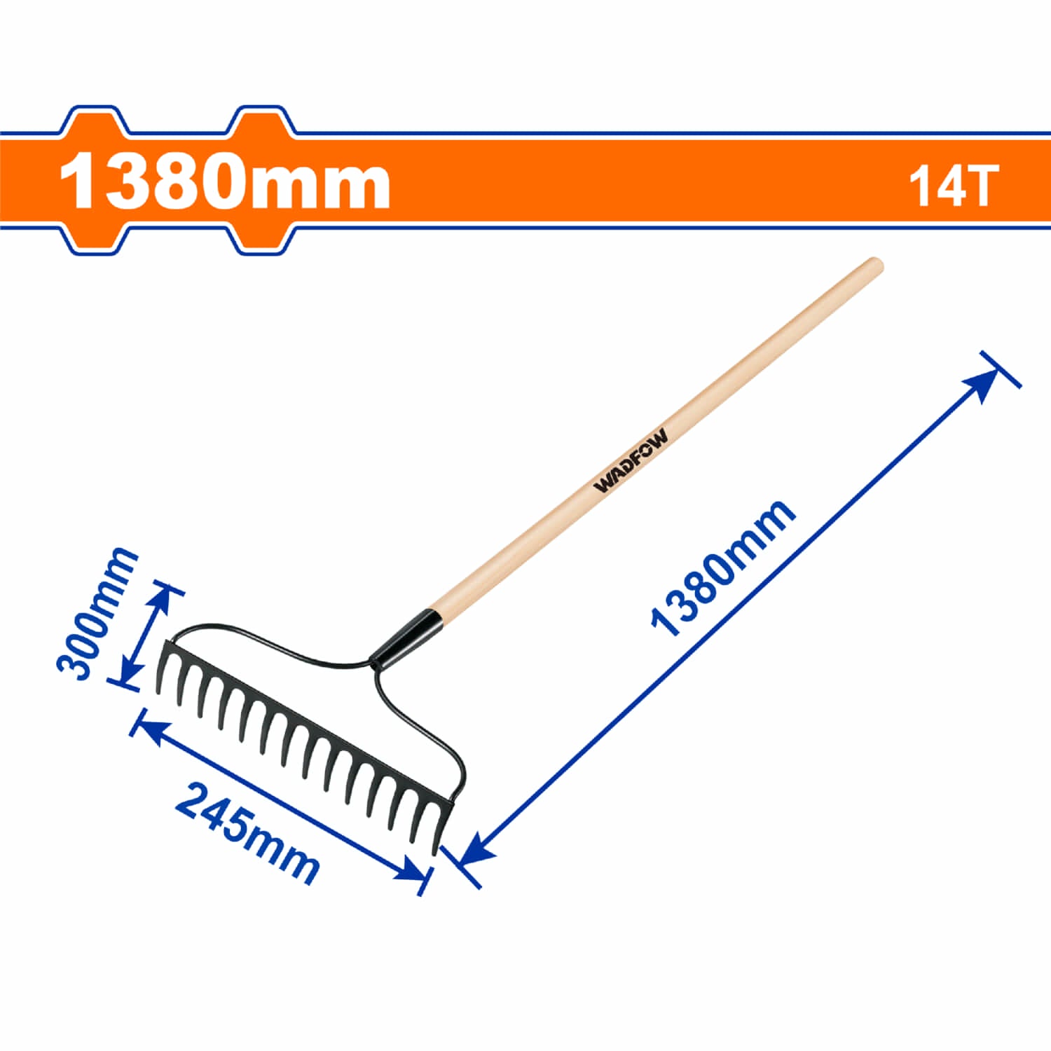 Rastrillo Metálico con mango de madera Long:1380mm.14 dientes. Acero al carbono. 90mmx3650mm
