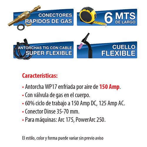 Antorcha TIG WP 17 cabeza flex con valvula (Dinse 35mm). 6 mts.