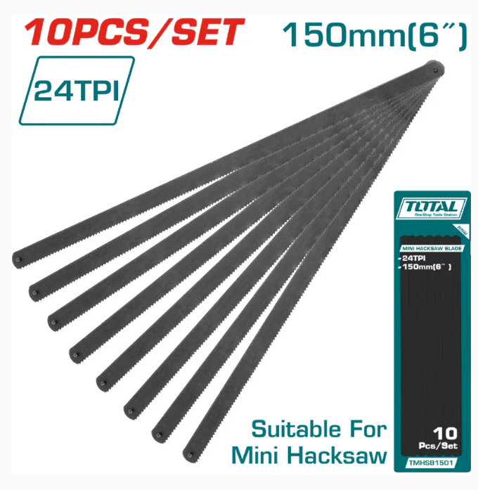 Segueta mini para metal de 150mm (6"). Material: 65Mn. Dientes: 24T. (10 pza) Set de Hojas mini