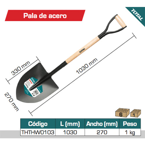 Pala de punta con mango de madera 1030mm. Pala 270mm x 330 mm mango de madera