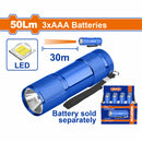 Linterna de mano. 50Lm. Interruptor de luz. Usa 3 pilas alcalinas AAA. Peso 36g. D:25mm/86mm.
