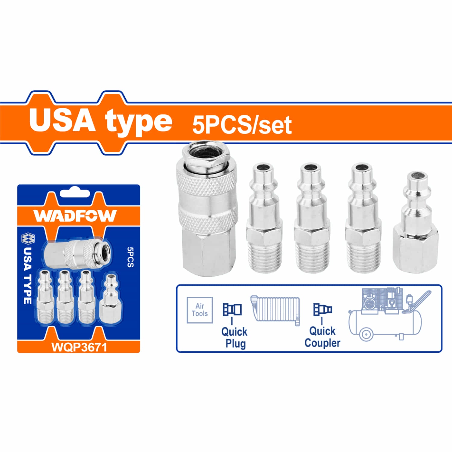 Acoples de aire rápidos 1/4" Tipo Americano. conectores tipo hembra y macho. Cromado. Set de 5 piezas.