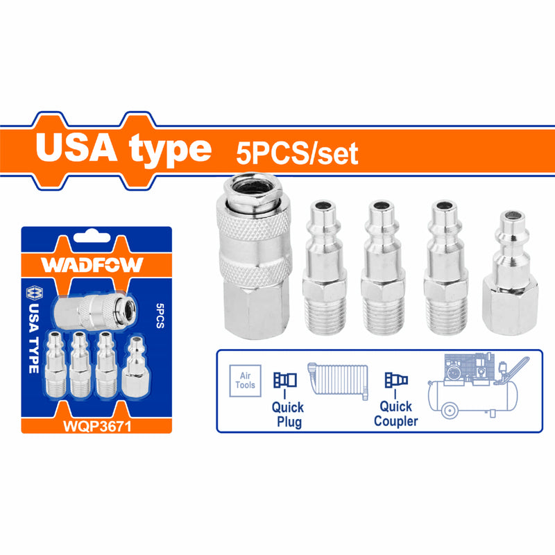 Acoples de aire rápidos 1/4" Tipo Americano. conectores tipo hembra y macho. Cromado. Set de 5 piezas.