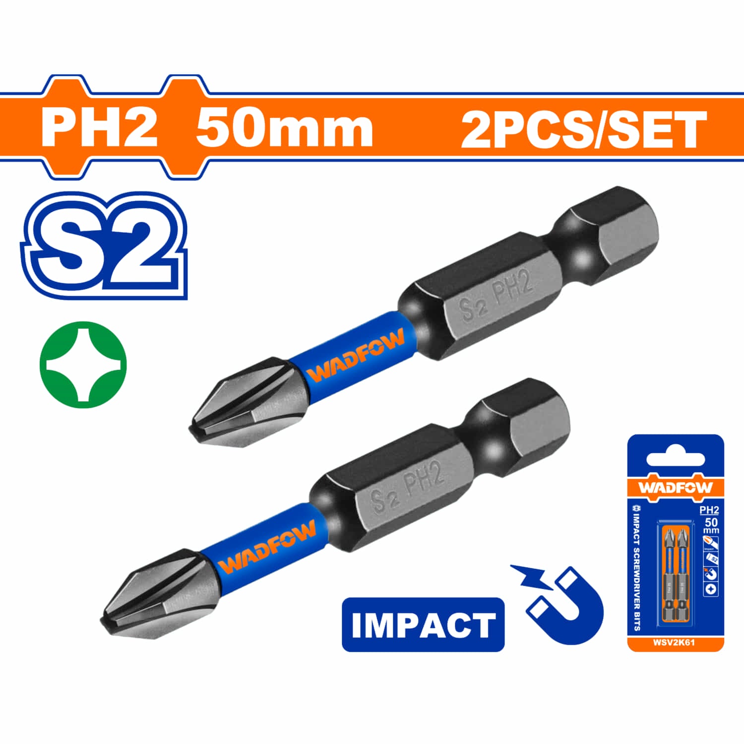Puntas de destornillador de impacto PH2 50mm. S2. Set de 2 pzas. Punta magnética. Tipo Phillips.