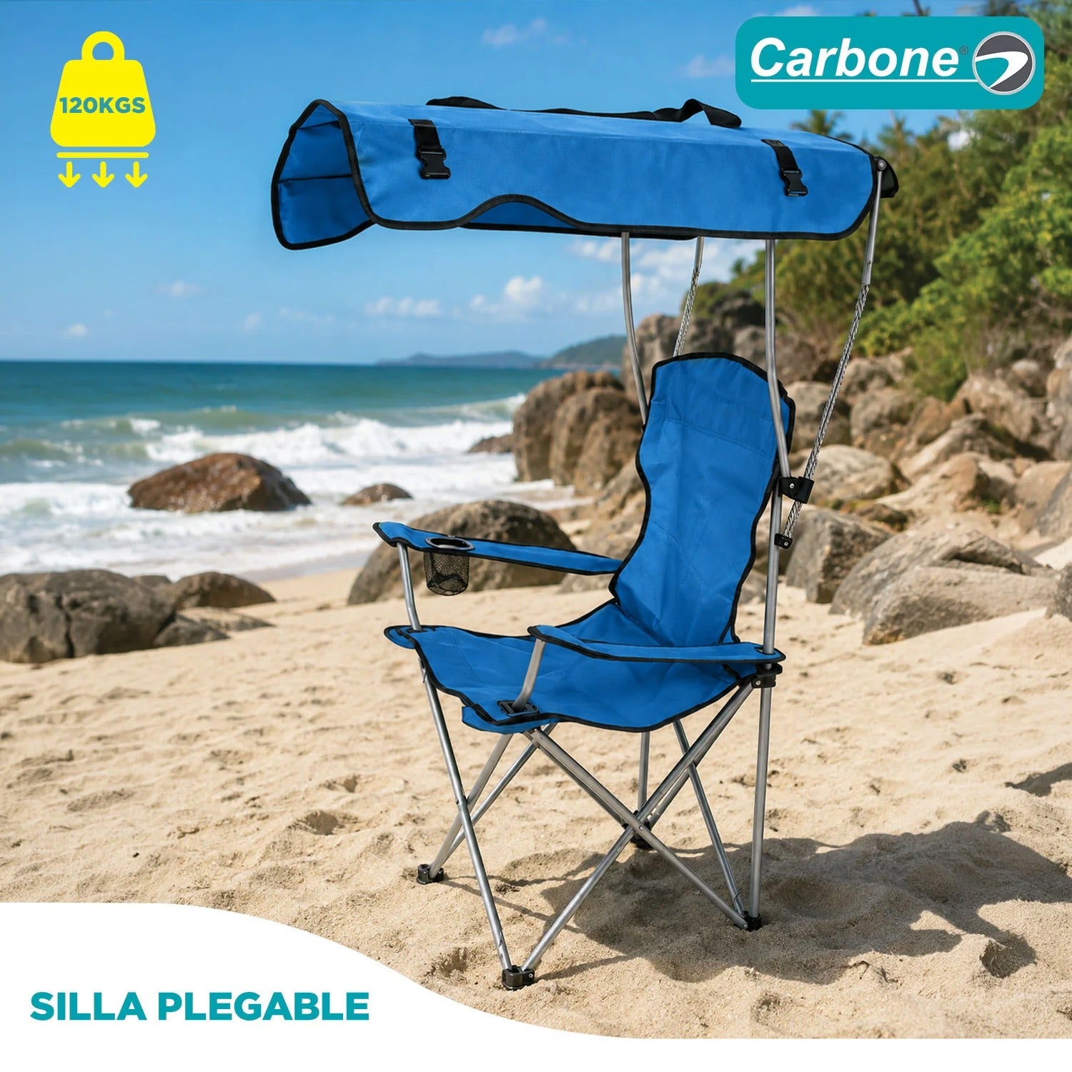Silla plegable color azul de 50cm x 50cm x 90/120cm con portavasos y techo