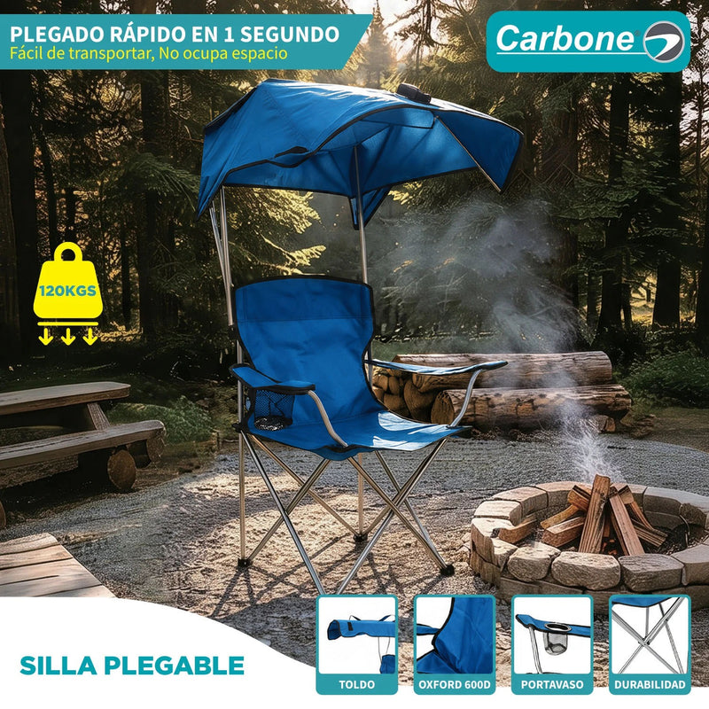 Silla plegable color azul de 50cm x 50cm x 90/120cm con portavasos y techo