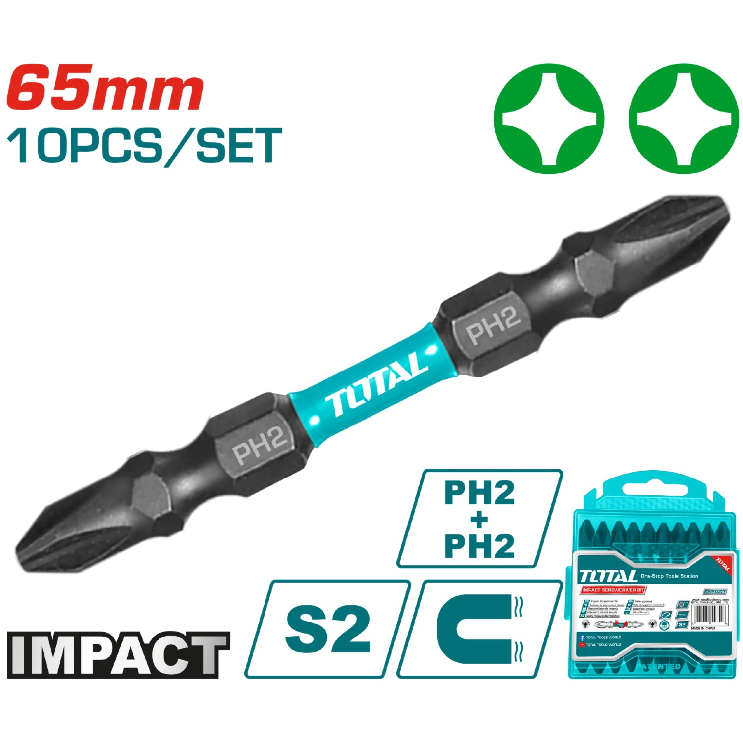 Juego de puntas magnéticas de impacto, PH1+PH2 de 65mm, Acero S2, Negro. (10pzas)