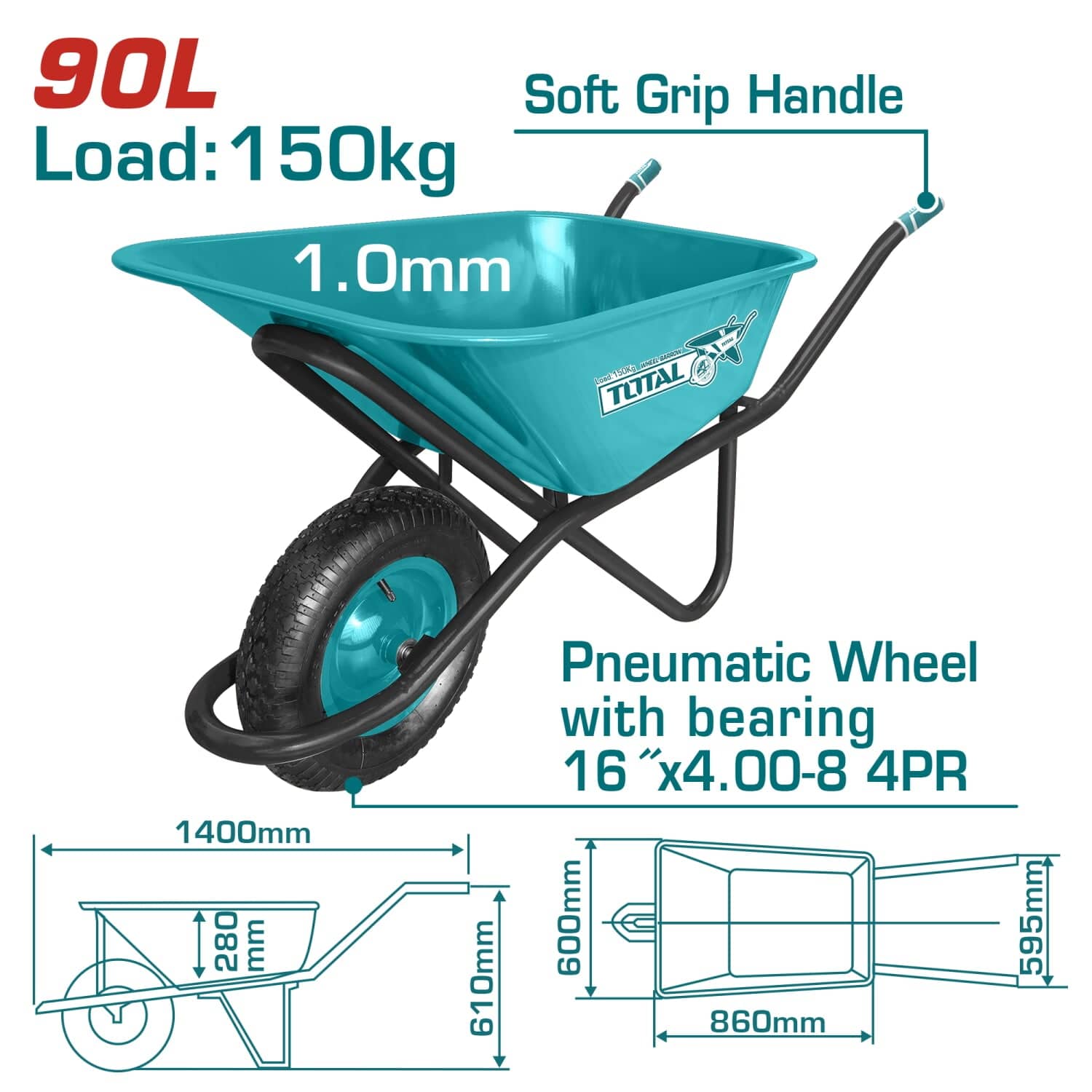 Carretilla De Construccion Para 150 Kg. Capacidad De Liquido: 90 L. Capacidad Arena: 6 Pies Cubicos