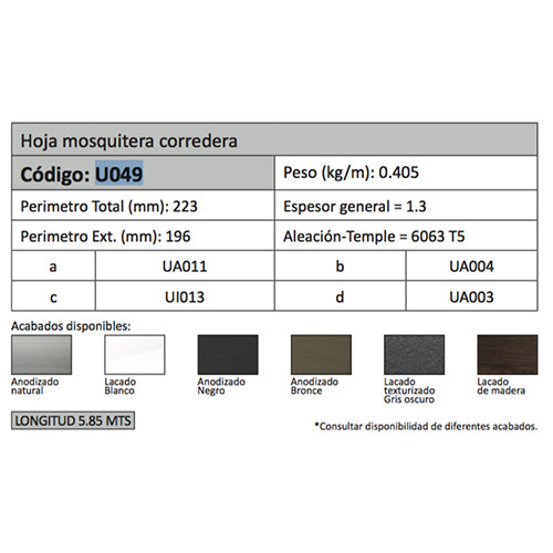Marco Mosquitera Slim. Espesor 1.1 mm. Largo 5.85 mts. Acabado Lacado Madera Texturizado