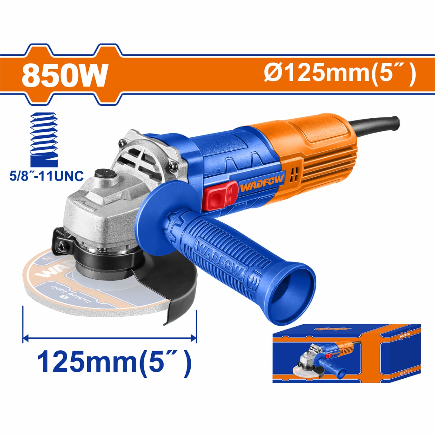 Esmeriladora Angular 4 1/2' 850W. Veloc. sin carga: 12000rpm. Rosc:5/8"-11UNC. Esmeril flexible