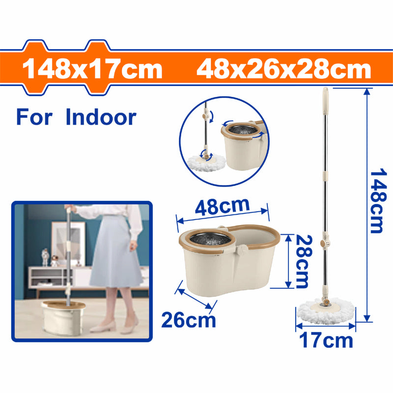 Trapeador spin mop de microfibra 148x17cm y balde plástico 48x26x28cm. Limpieza interior. Set 2 piezas.