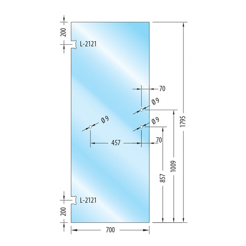 Puerta Baño templada 10mm 70x179.5cm. Con saque L-2121 y toallero