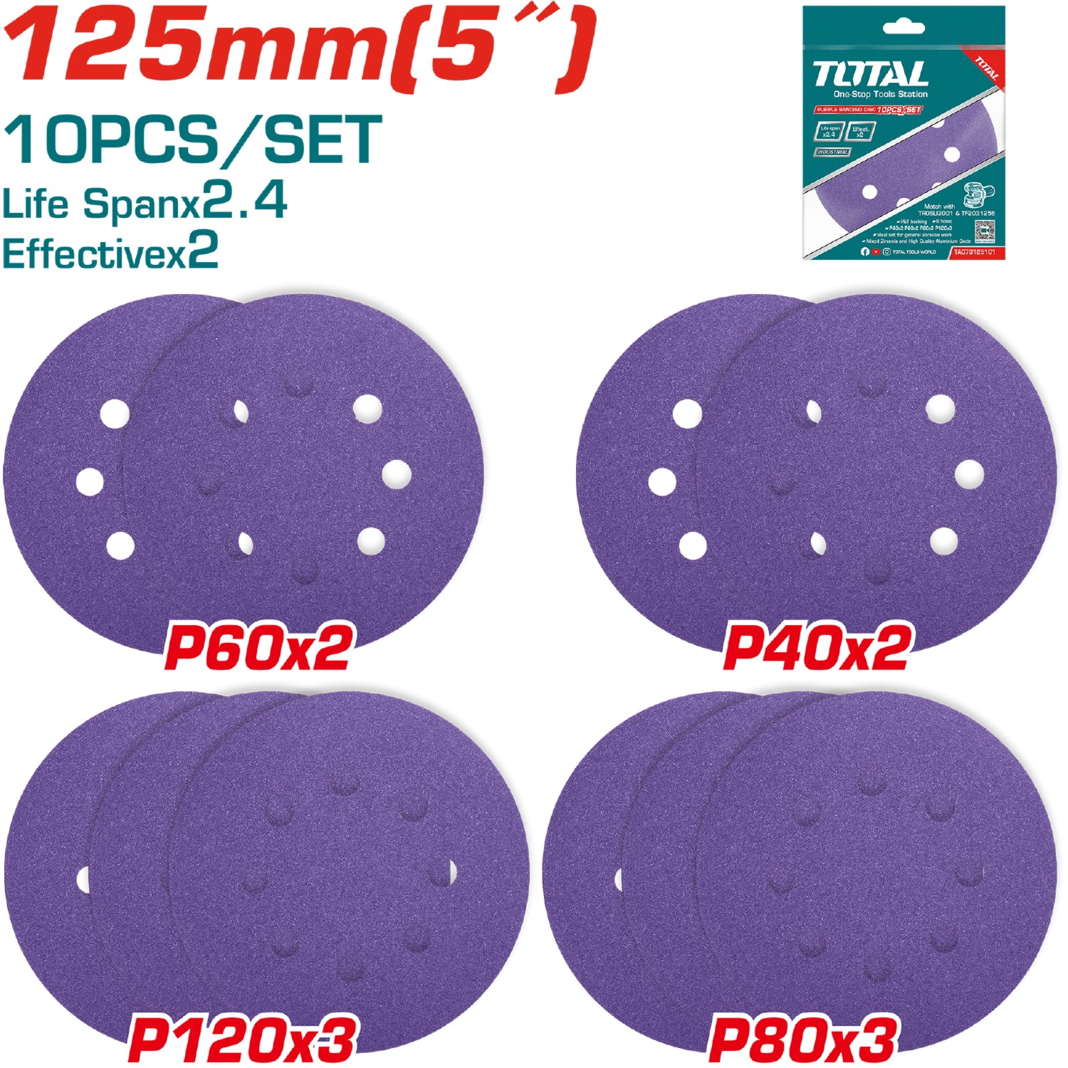 Juego de 10 Discos de Lija para Lijadora de 5" 125mm. P40x2 P60x2 P80x3 P120x3.