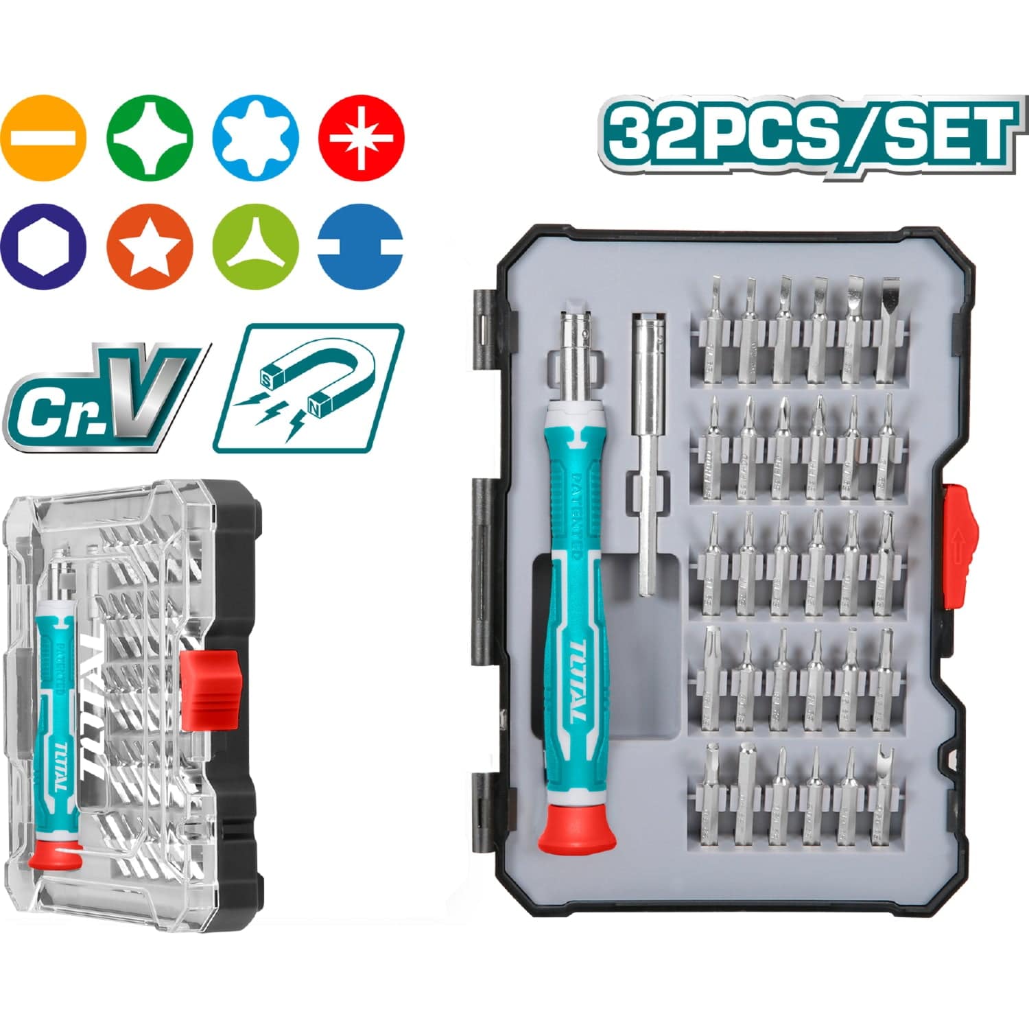 Juego De Destornilladores De Precision Variado De 32 Pzas. 1 Mango De Plastico. 1 Soporte Para Broca