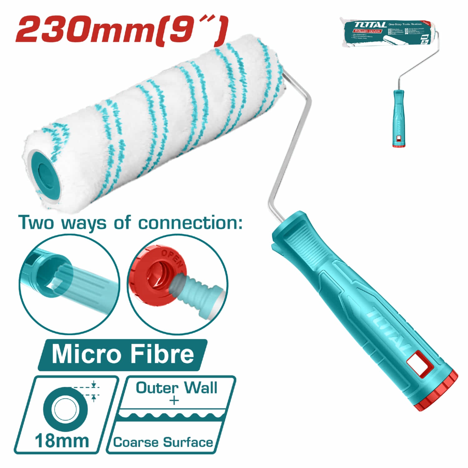 Rodillo para pintar de 230 mm/9". Para exteriores. Con mango acrilico. Espesor de la fibra 18 mm.